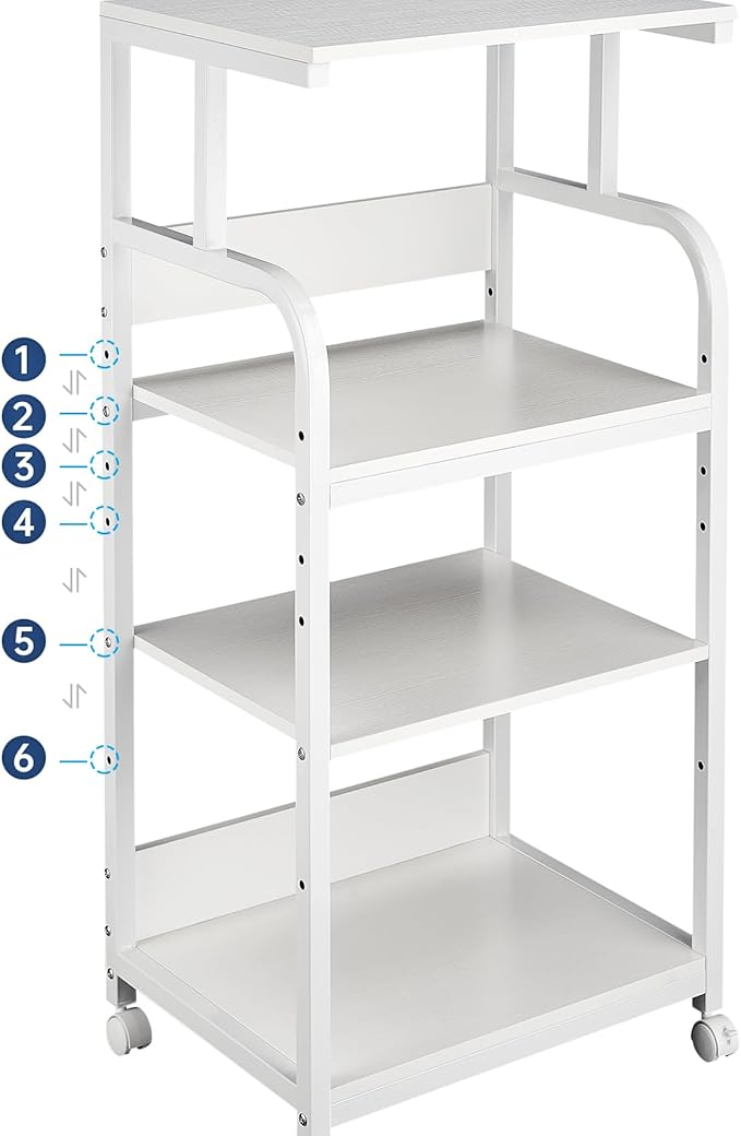 4 Tier White Printer Stand Table with Adjustable Shelves, Movable Printer Shredder Stand with Wheels for Home Office Storage and Organization, Rolling Cart for Computer Tower CPU