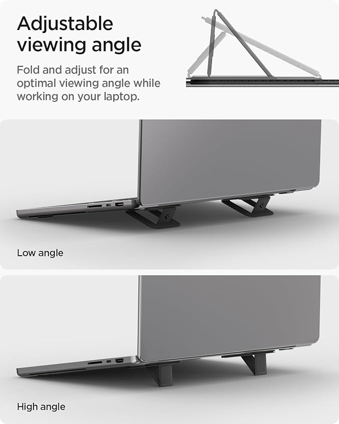 Spigen Slim Fold Adhesive Laptop Stand 2 Piece Foldable Portable Dual Ergonomic Angle Adjustment Lift Anti-Slip Compatible with MacBook Pro, MacBook Air 11"-16" and More - Black (LD201-S2)