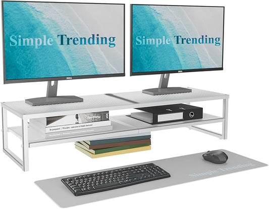 Simple Trending 2 Tier Metal Dual Monitor Stand Riser, Computer Office Desktop Organizer for 2 Monitors with 32"x10" Mouse Pad for Laptop, Printer, TV, White