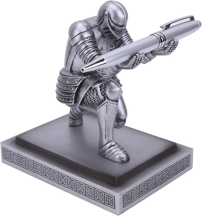 Knight Pen Holder Desk Organizers and Accessories Desk Decor Resin Pen Holder as Gift with a Cool Pen for Office and Home (Silver)