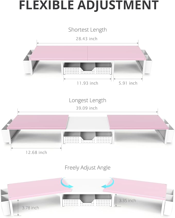 OPNICE Wood Desk Organizers and Accessories, Dual Monitor Stand Riser with Drawer and 2 Pen Holders, Desk Shelf Computer Racks for Office Workspace Organizers, Desktop Organization (Pink＆ White)