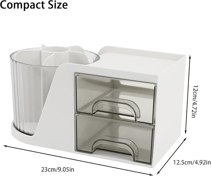 Desk Organizer with Rotating Pencil Pen Holder and 2 Small Drawers, Desk Caddy for Office Workspace Organization and Storage (White)