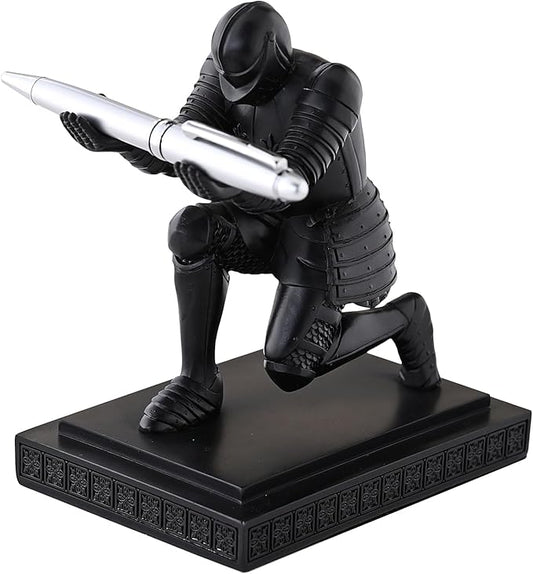 Knight Pen Holder Desk Organizers and Accessories Desk Decor Resin Pen Holder as Gift with a Cool Pen for Office and Home (Black)