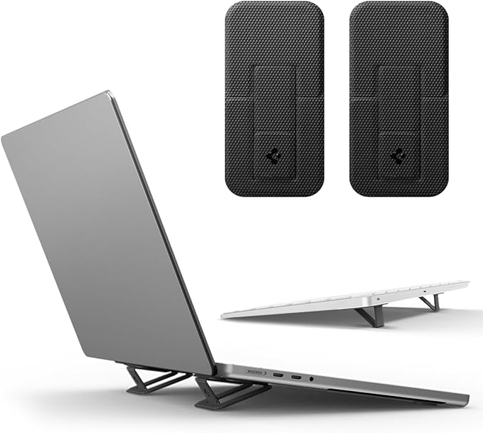 Spigen Slim Fold Adhesive Laptop Stand 2 Piece Foldable Portable Dual Ergonomic Angle Adjustment Lift Anti-Slip Compatible with MacBook Pro, MacBook Air 11"-16" and More - Black (LD201-S2)