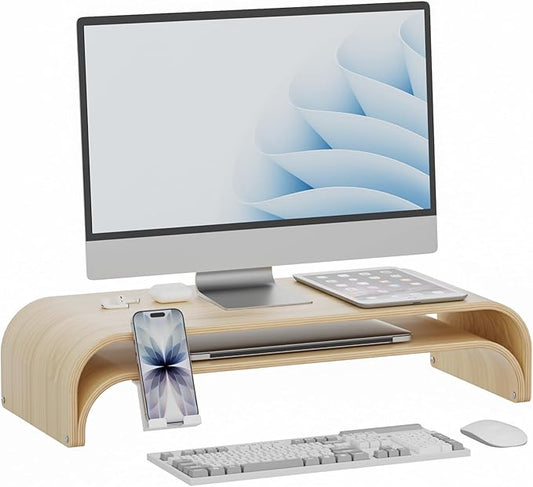 Solid Wood Dual Monitor Stand Riser 2 Tier, 24.1 Inch Desktop Organizer with Phone Holder, Ergonomic Computer Stand, Multifunctional Desk Shelf for Laptop, PC, Printer, Supports Up to 110lbs