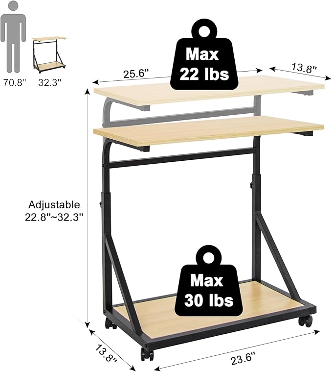Computer Tower Stand, 2-Tier CPU Stand with Lockable Wheels, Adjustable Height PC Stand for Floor, Mobile PC Laptop Standing Table for Home Office (White Maple)