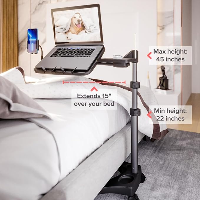 LEVO G2 V16 Rolling Laptop Workstation Stand Cart with Mouse Tray and Phone Holder for Bed Couch Recliner or Chair, Adjustable Mobile Desk for Remote Office Reading and Study