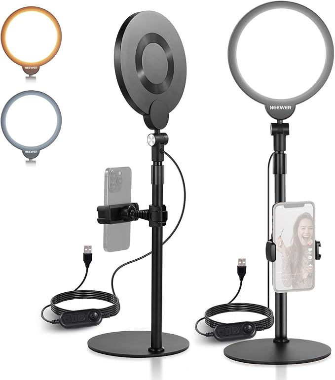 NEEWER Basics 2 Pack 7" Desktop Ring Lights for Video Recording, 10W Dimmable Full Screen Key Lighting with Desk Stands & Phone Holders for iPhone Computer Laptop Vlog Streaming Video Conference, R06