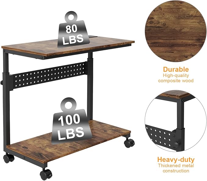 Computer Tower Stand with Charging Station, Height Adjustable 2-Tier CPU Stand with Power Strip and USB Ports, PC Tower Cart with Wheels and Printer Shelf, Rustic Brown and Black