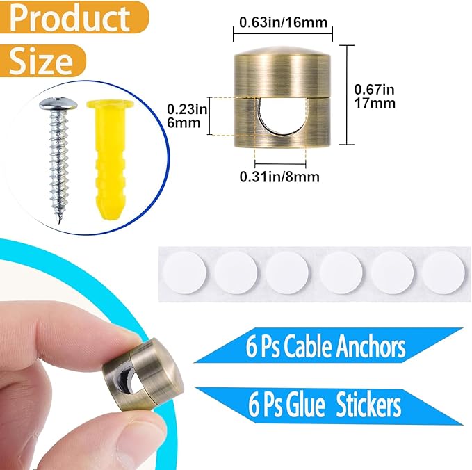 6 Sets Charger Cord Holder,Antique Copper Color Metal Adhesive Cable Management Clips,Adjustable Cable Anchor Holders,Wire Organizer for Desk, Wall, Home, Office