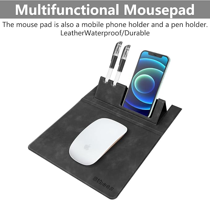 Premium PU Leather 3-in-1 Mouse Pad with Phone Stand and Pen Holders, 9.7x7.7 inches Organizer Desk Mat for Reception counters and Home Office (Black 1Pack)