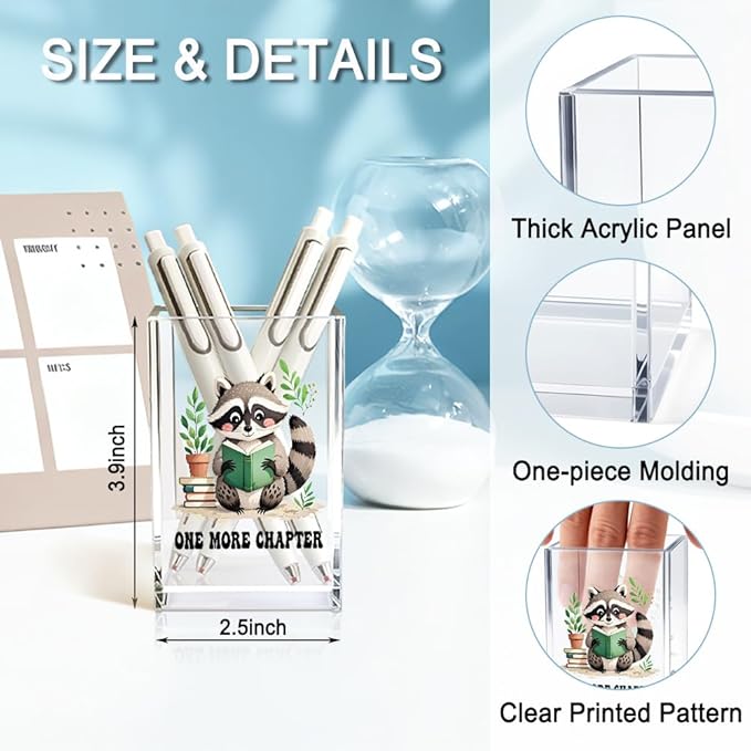 One More Chapter Acrylic Pencil Holder Cup, Book Lover Gifts for Women, Funny Reading Raccoon Desk Organizer and Accessories for Raccoon Lover Bookish Bookworms Readers, Pen & Bookmark Holder