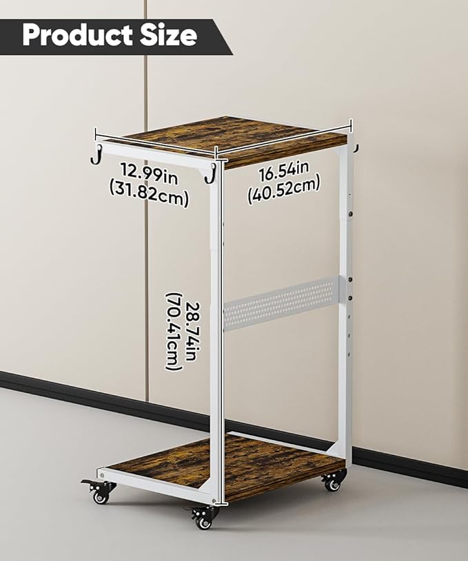 Computer Tower Stand, 2-Tier Metal CPU Holder Stand with Lockable Wheels, Adjustable Under Desk PC Shelf, Mobile Rolling Computer Cart for Home, Office, Gamers and Students, White