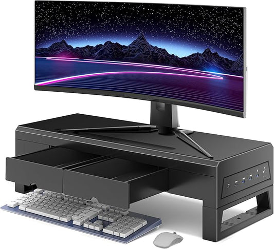 Computer monitor stand with 2 drawer ，Laptop Desk Shelf & Monitor Riser ,22W charging , 2 USB 3.0 , and 1 USB 2.0，21.6 inches long desk riser Monitors/PC/Laptop/Computer Space Saver Organizer ，Heavy Duty Gift Gaming Studio Office (USB Hub Fast Charging...