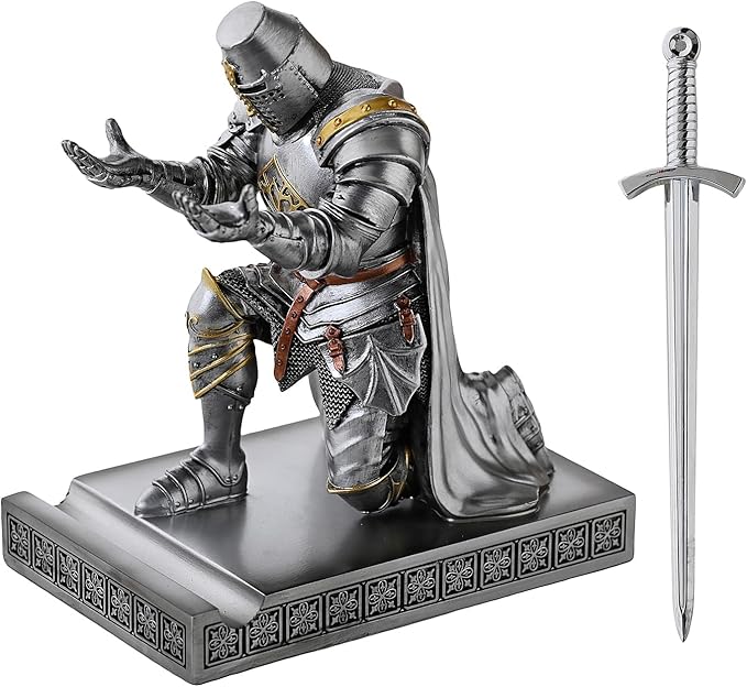 Medieval Templar Vanguard Officer Knight Pen Holder Pen Stand Desk Organizers and Accessories Resin Mobile Phone Stand as Gift for Office and Home Desk Organizer (Silver)