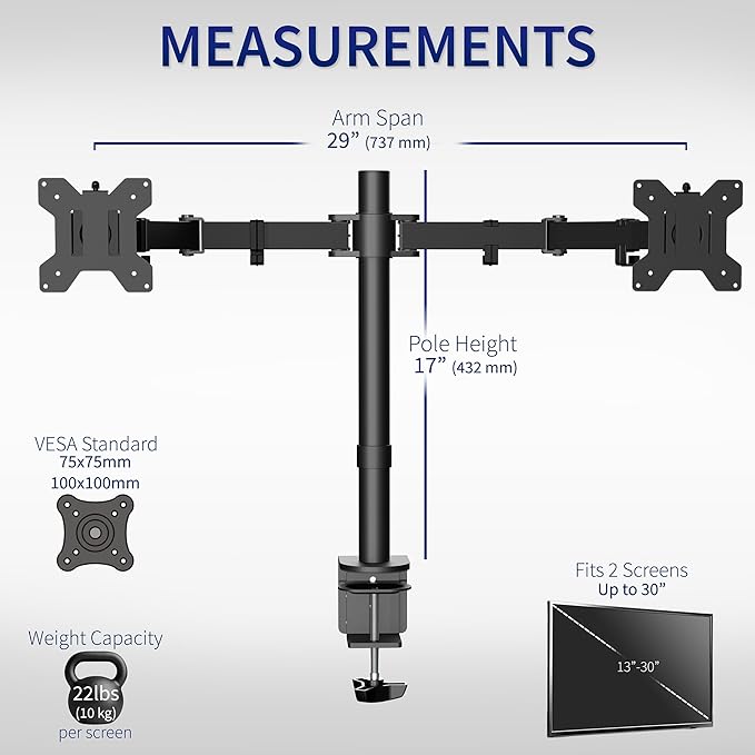 VIVO Dual Monitor Desk Mount, Holds 2 Computer Screens up to 30 inches and 22lbs Each, Heavy Duty Fully Adjustable Steel Stand with C-Clamp and Grommet, Black, STAND-V002