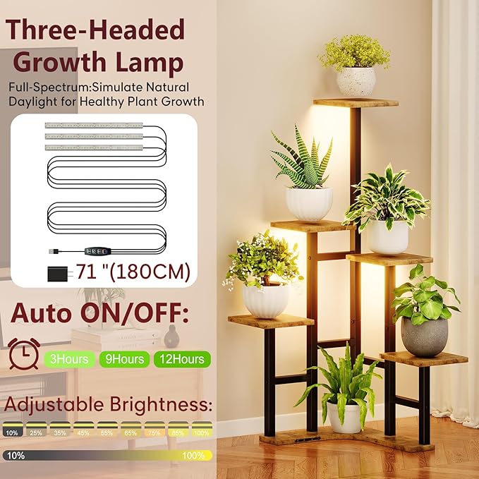 Corner Plant Stand Indoor with Grow Lights, 6 Tiered Corner Plant Shelf Flower Stand for Multiple Plants, Plant Shelves Organizer Rack for Living Room, Balcony, Patio, Square Rustic Brown