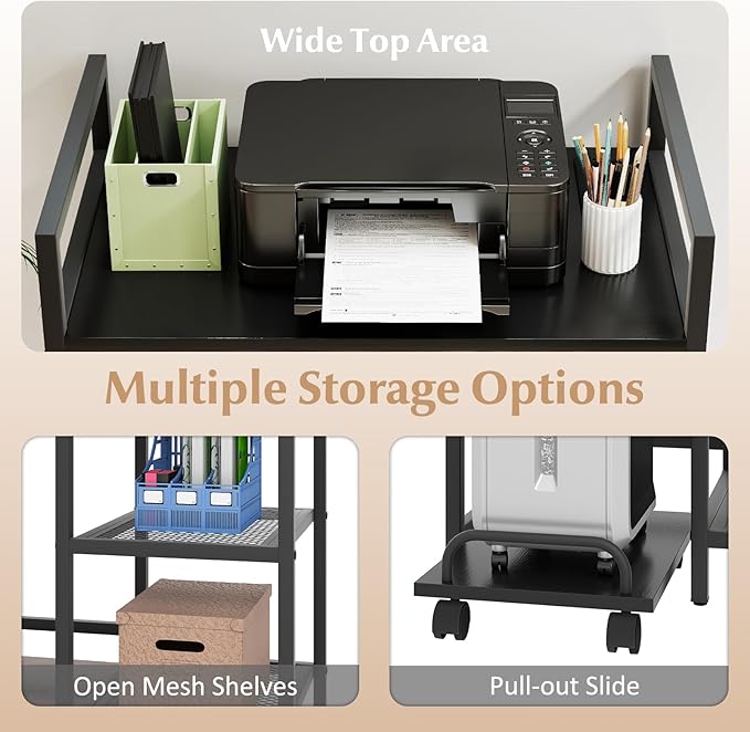 Giantex 3-Tier Printer Stand with Charging Station, 2 Open Storage Shelves, Side PC Stand on Wheels, 25" x 16" Mobile Printer Table for Computer Tower, Printer Shredder, Fax, Under Desk, Home Office