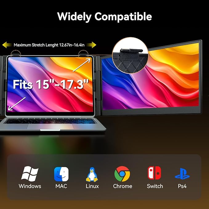 14" Laptop Triple Screen Extender Portable, One Cable Connection Laptop Monitor FHD 1080P IPS, Ultra Thin Dual Monitor for 13-17" Laptops, Plug & Play Compatiable with Win/Mac/Chrome/Android/Switch