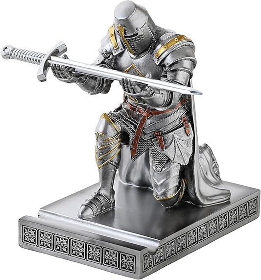 Medieval Templar Vanguard Officer Knight Pen Holder Pen Stand Desk Organizers and Accessories Resin Mobile Phone Stand as Gift for Office and Home Desk Organizer (Silver)