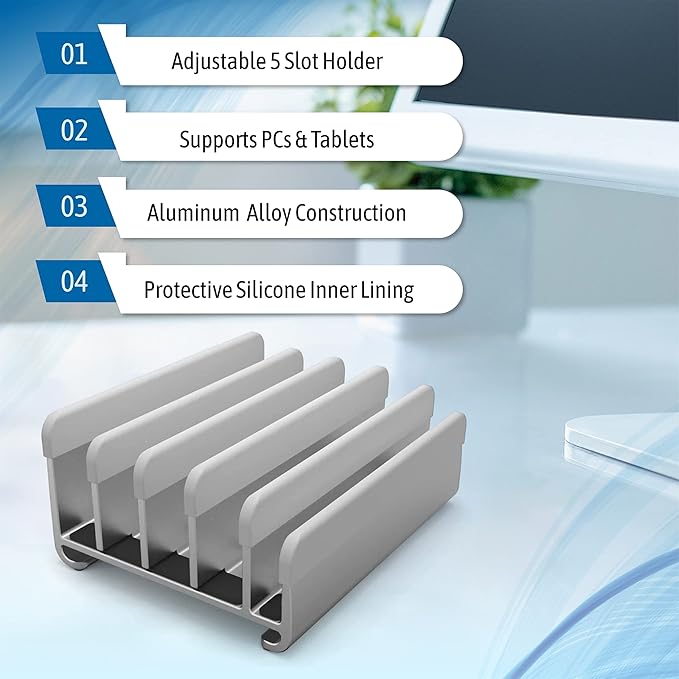 Elestoria 5- Slot Vertical Laptop Stand - Aluminum Laptop Stand Vertical for Desk - Adjustable Width (12-38mm) Fits MacBook Pro/Air, Surface & Gaming Laptops upto 17.3" - Heavy Duty Laptop Holder-Grey