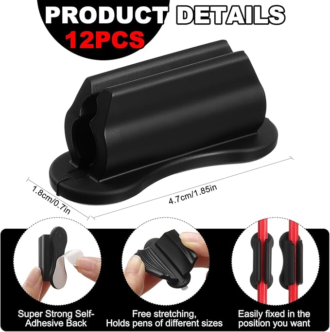 Sherr 12 Pack Adhesive Pencil Holders for Desk Upgraded Pen Holder for Desk Silicone Flexible Adhesive Marker Organizer Clipboard Classroom School Office Accessories Teacher Supplies (Black)