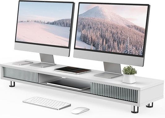 Fenge Dual Monitor Stand, 42.5inch Long Monitor Stands Riser for 2 Monitors, Sliding Door with Storage Organizer Stand for Desk, 2 Tier Desk Shelf for Laptop, Pc, Printer, Computer, TV