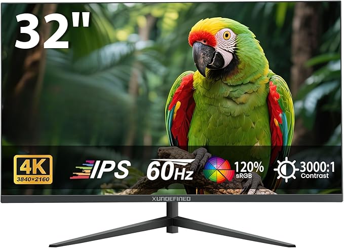 32 Inch 4K UHD Monitor, 3840 x 2160 Fast IPS Computer Monitor, 3000:1 Contrast, sRGB 120%, Blue Light Filter, Free-Sync, Zero Frame Screen With HDMI, DisplayPort for Home and Office, VESA(100x100mm)
