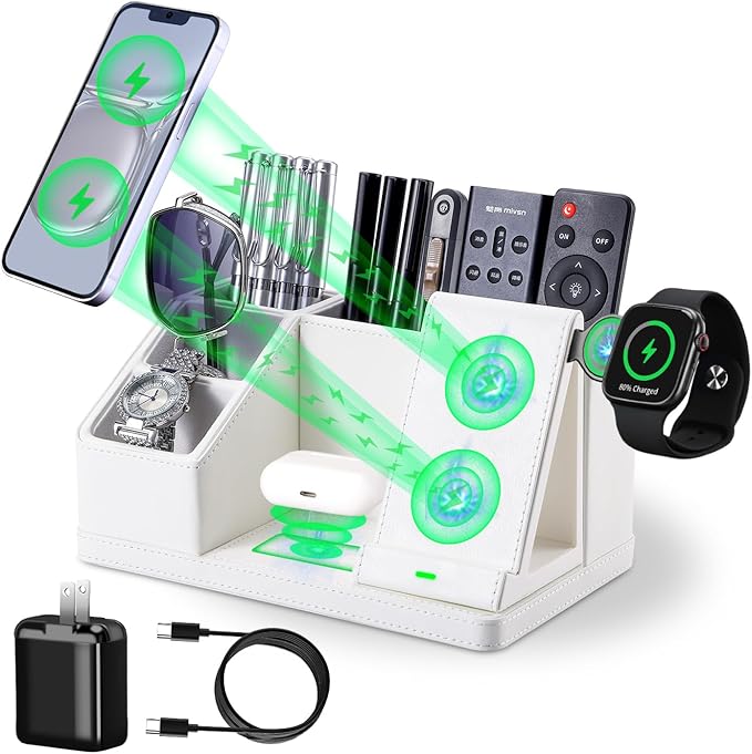 Leather Pen Organizer, Multi-Functional Pencil Holder for Desk, Desk Organizers and Accessories for Office Art Supplies,desk organizer with phone stand/charger,Birthday Gifts for Women/Men