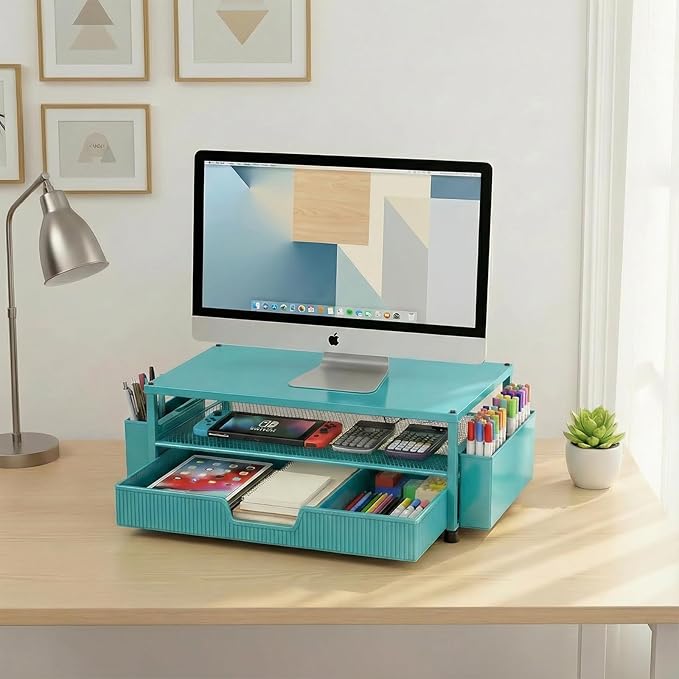 Desk Organizer and Accessories, 2-Tier Computer Monitor Stand Rise with Storage Drawer & 2 Pen Holders, Laptop & Printer Stand for Desktop, Workspace Organizers for Office Supplies (Blue)
