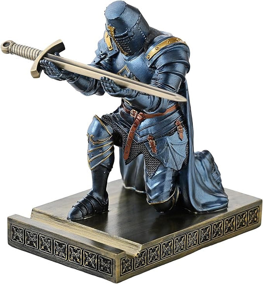 Medieval Templar Vanguard Officer Knight Pen Holder Pen Stand Desk Organizers and Accessories Resin Mobile Phone Stand as Gift for Office and Home Desk Organizer (Blue)
