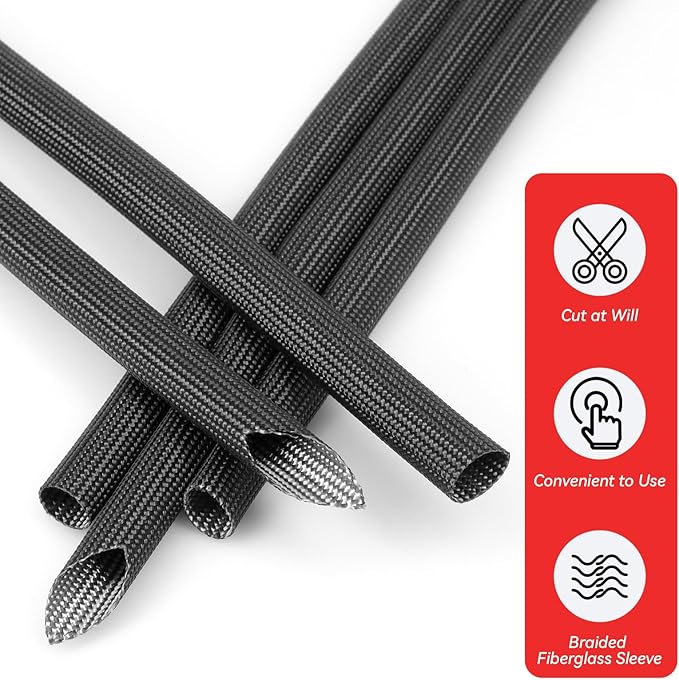 Braided Fiberglass Sleeve, 10ft High Temp Cable Sleeve, Flexible Cable Management Cable Protector for Car Wire Loom Protection (Black, 3/4")