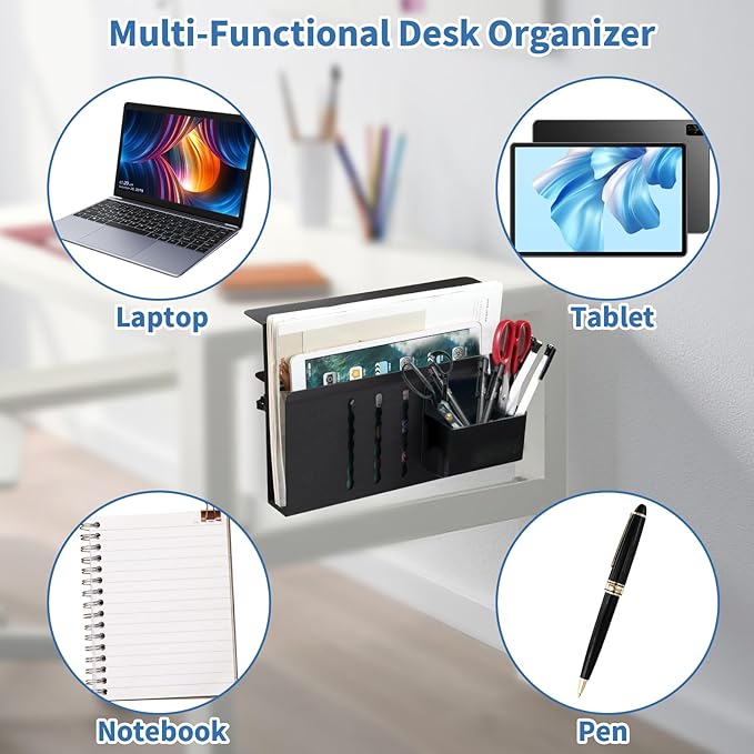 Desk Side Organizer, Desk Laptop Holder with Magnetic Pen Holder, No Drill Hanging Desk Organizer for Office and Home Fits Flat Edge 0.3" to 2.3"