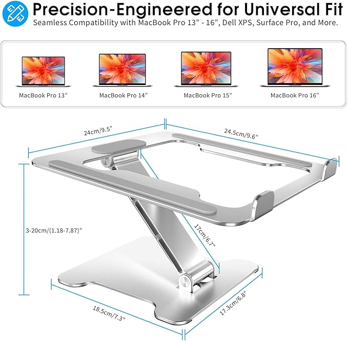 Foldable Aluminum Laptop Stand, Height Adjustable Ergonomic Riser for Collaborative Work,Tablet, Reading and More. Portable Laptop Stand for All 10-16" - Silver