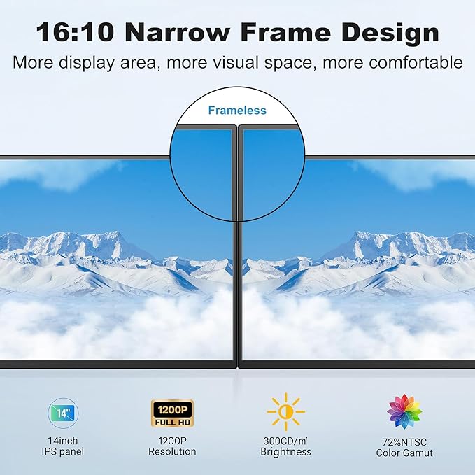 DEPGI 14" Laptop Screen Extender Built-in Cooler, 1200P FHD One Cable Connect Portable Triple Monitor, Dual Screen Monitor Fits 13"-17.3" Laptop with Stand for MacOS/Windows