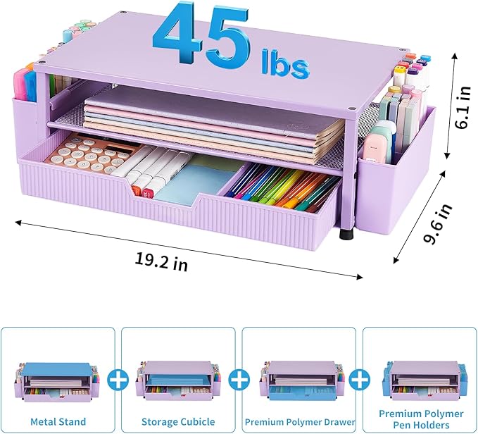 Desk Organizer and Accessories, 2-Tier Computer Monitor Stand Rise with Storage Drawer & 2 Pen Holders, Laptop & Printer Stand for Desktop, Workspace Organizers for Office Supplies (Purple)