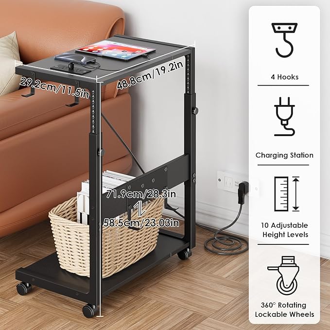 JANE EYRE Computer Tower Stand - Adjustable PC Tower Stand CPU Holder Cart with Charging Station for Office Home Classroom,23.03"-28.3" H, black