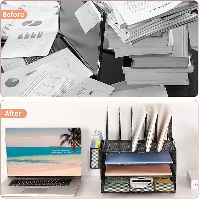 Desk Organizers and Accessories, 3-Tier Paper Organizer with 5 Vertical File Holders, File Organizer for Desk (Black With Drawer, 3T With Drawer)