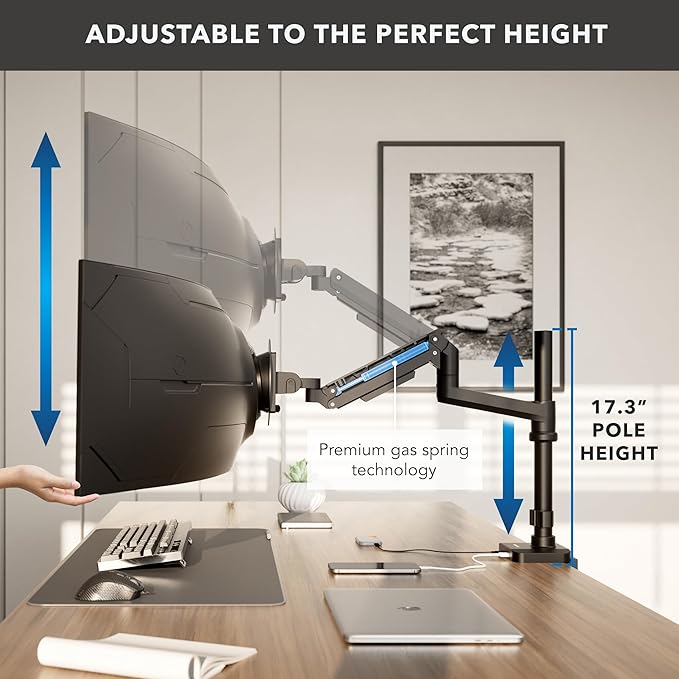 Mount-It! Proflex Series Height-Adjustable Ultrawide Monitor Arm with Pole, Fits 17–49” Screens, Gas Spring, 44 lbs Capacity, USB-C & USB 3.0 Ports, Full Motion, VESA 75/100, Clamp or Grommet