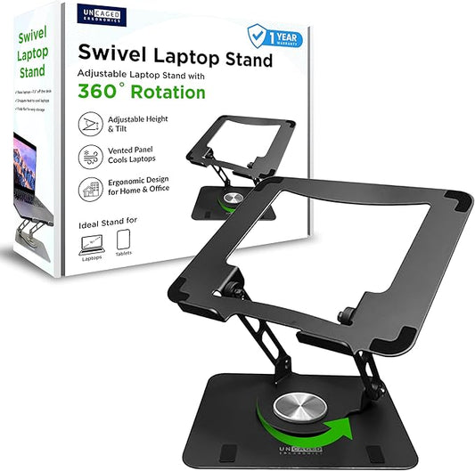 Uncaged Ergonomics Swivel Laptop Stand for Desk, Adjustable Computer iPad Stand for Desk w/ 360 Rotation, Portable Laptop Holder for Home Office Ergonomic Supplies (Black)
