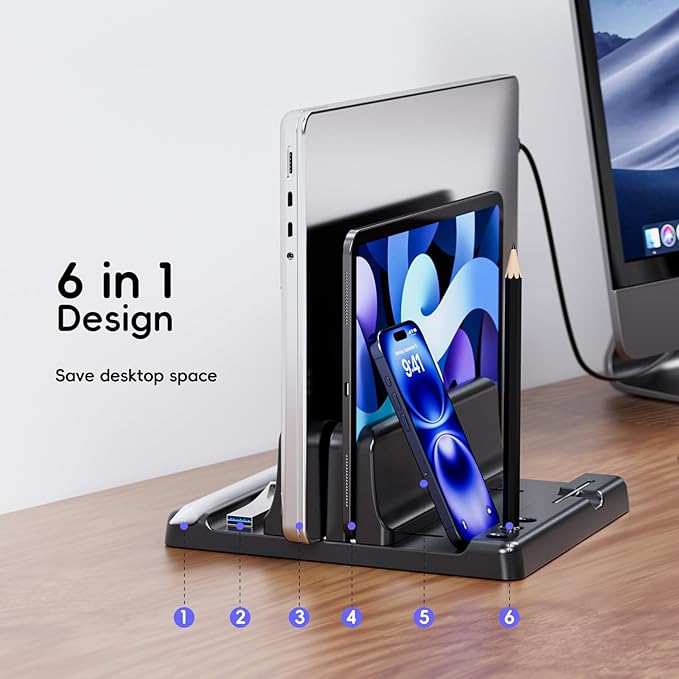 Vertical Laptop Stand Holder - Adjustable Width 6-in-1 Design Space-Saving Desktop Stand Desk Organizer，Compatible for MacBooks, Tablets, Lap, All Phone (Black)