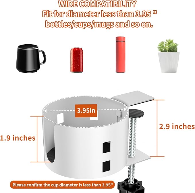 Upgraded Large Desk Cup Holder Clamp, Anti-Spill Cup Holder for Table, Durable 5 Adjustable Directions, Metal Office & PC Gaming Desk Accessories, Enough to Hold Coffee Cups, Water Bottles, White