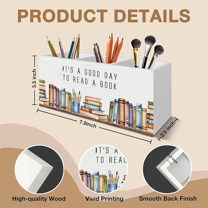 Book Lover Gifts Pen Pencil Holder Organizer for Desk Accessories, Reading Nook Corner Decor, It's a Good Day to Read a Book Wooden Box Signs Decorations for Home Classroom Desk Tabletop