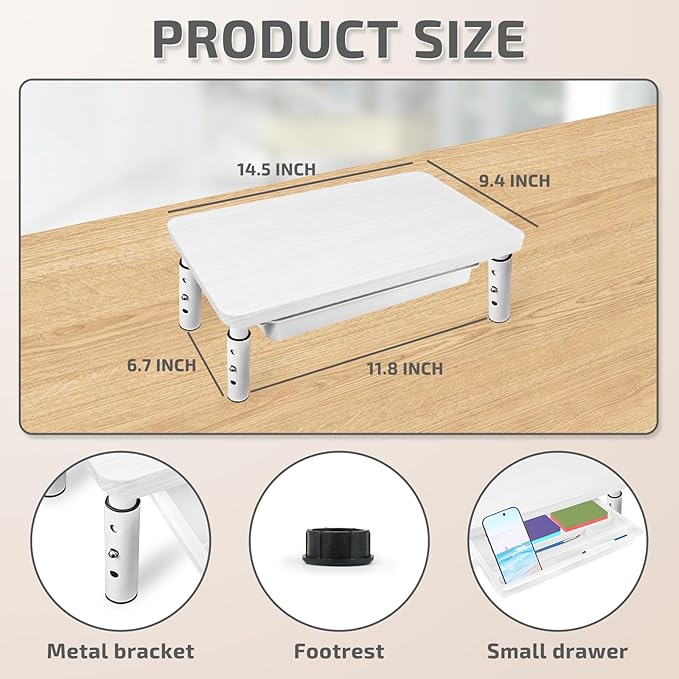 Monitor Riser, White Monitor Stand, Blocks To Raise TV Height, Solid Wood & Metal Computer Stand, Ergonomic TV Riser Blocks, 2 Pack, White, 14.5 Inches