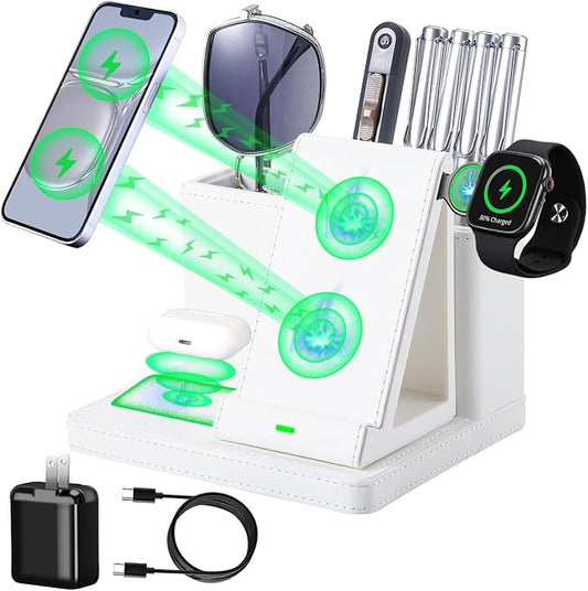 Leather Desk accessories Pen Holder with 3-in-1 Wireless Charger for Phone, Earbuds, Watch Multifunctional Desktop Phone Stand for Office and Home,birthday gifts,gifts for him (white)