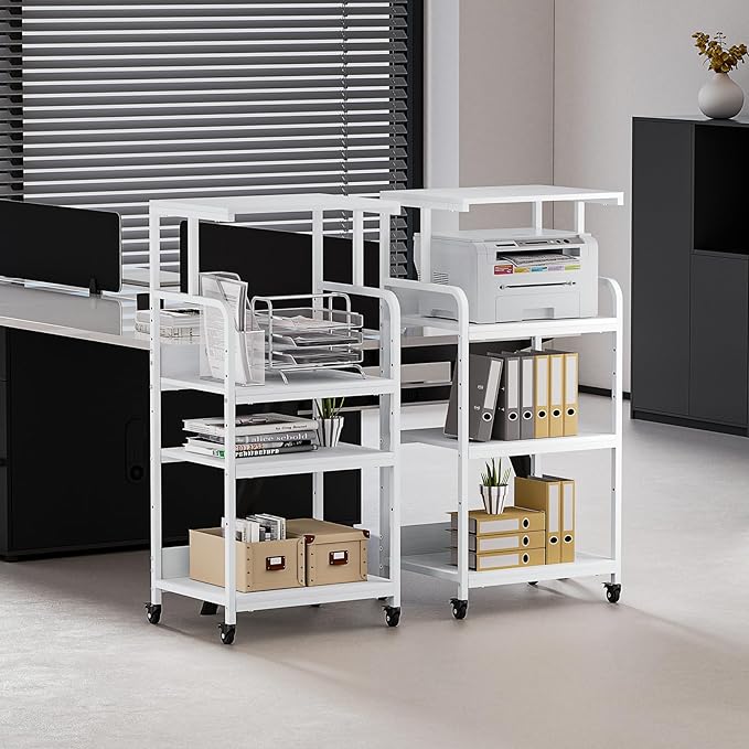 4-Tier White Printer Stand with Wheels, Extra Large Tall Printer Table with Storage Shelf, 4 Tier Printer Cart, Home Printer Stands (White)