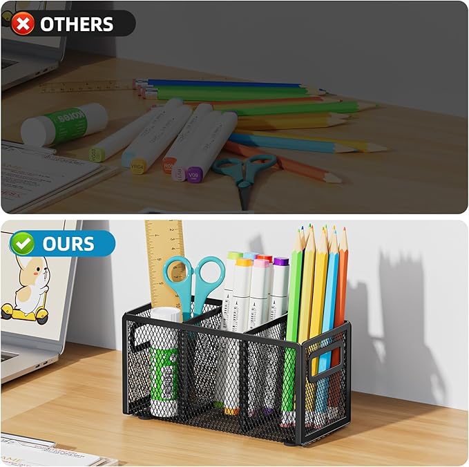 Marbrasse Mesh Pen Holder for Desk,Pencil Holder Desk Organizer 3 Adjustable Compartments,Pencil Cup with Handle Perfect for Classroom, Office, Home,Makeup,Art (Black)