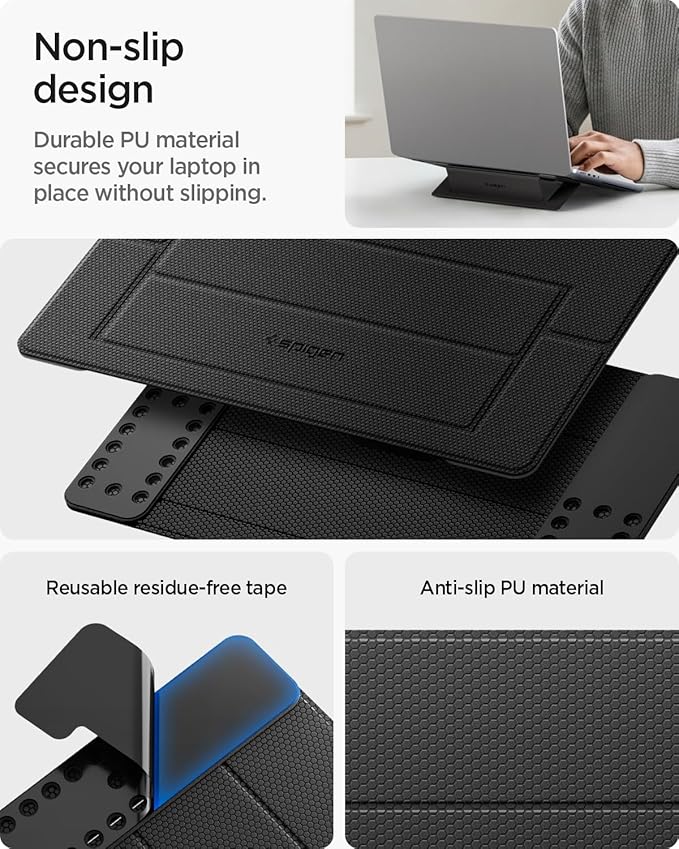 Spigen Slim Fold Adhesive Laptop Stand Foldable Portable Dual Ergonomic Angle Adjustment Lift Anti-Slip Compatible with MacBook Pro, MacBook Air 11"-16" and More - Black (LD201-S1)