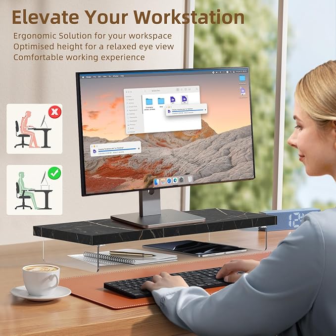 Dual Monitor Stand Riser, 40" Large Computer Monitor Stands for 2 Monitors, Wooden Desktop Organizer Shelf for Office Desk Computer, Laptop, TV, Monitor, Printer