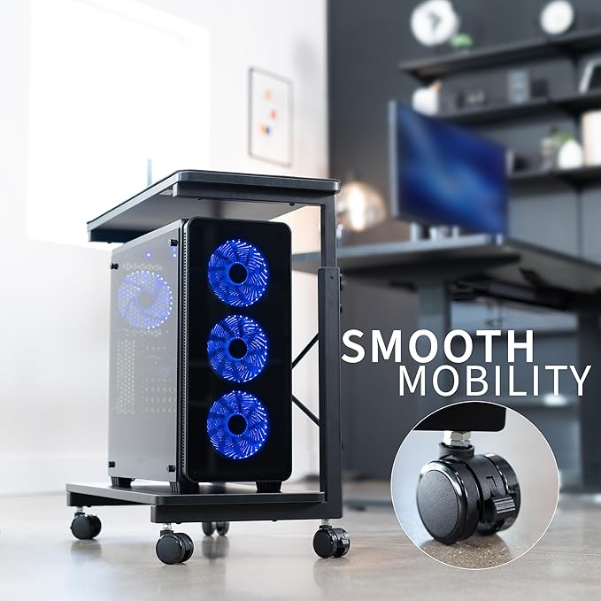 VIVO Large Mobile Adjustable 2-Tier PC Stand, Premium Gaming CPU Computer Tower and Mouse Storage, Rolling Floor Cart, Locking Caster Wheels, Black, CART-PC03P